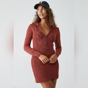 FREE PEOPLE Size Small Red Jasper Wide Collar Cable Knit Sweater Mini Dress NWT